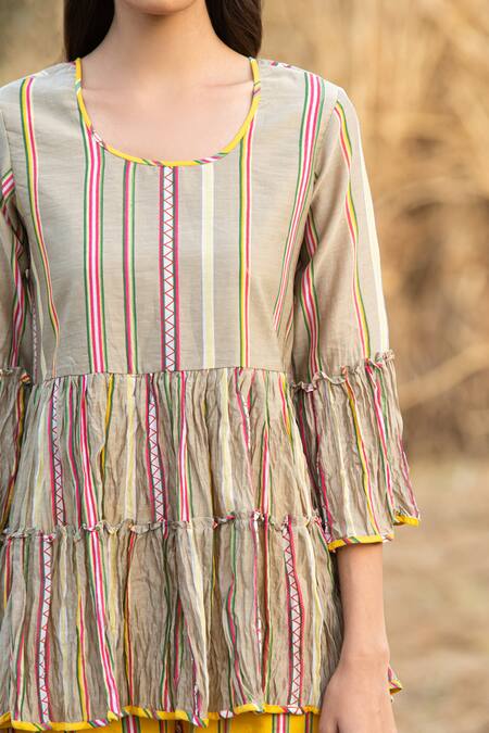 Rang Swati Vijaivargie_Beige Silk Chanderi Round Striped Top _at_Aza_Fashions