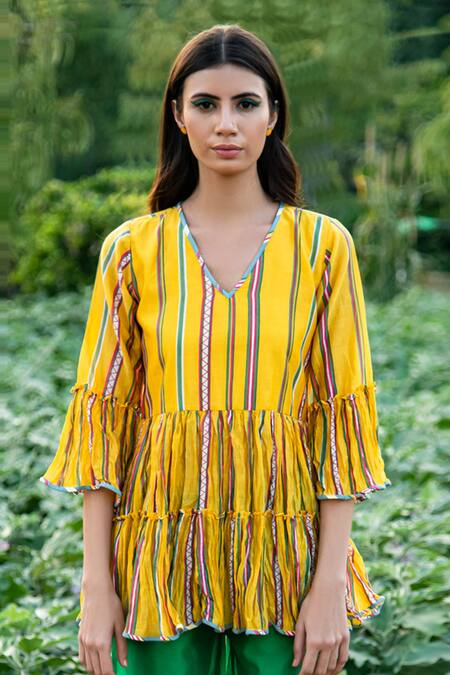 Rang Swati Vijaivargie_Yellow Silk Chanderi V Neck Striped Top _Online_at_Aza_Fashions