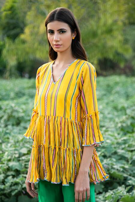 Buy_Rang Swati Vijaivargie_Yellow Silk Chanderi V Neck Striped Top _Online_at_Aza_Fashions