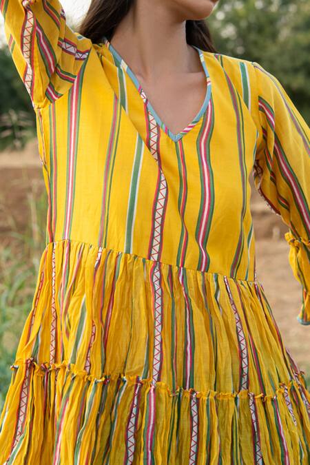 Shop_Rang Swati Vijaivargie_Yellow Silk Chanderi V Neck Striped Top _Online_at_Aza_Fashions