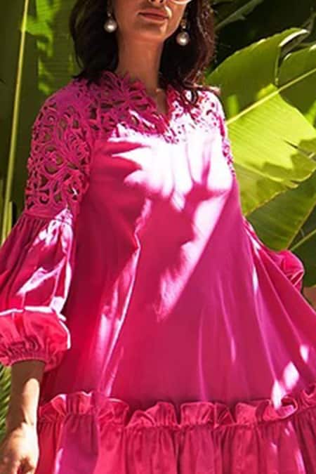 Buy Vidhi Wadhwani Pink Cotton V Neck Flared Dress Online at Aza Fashions Buy_Vidhi Wadhwani_Pink Cotton V Neck Flared Dress _Online_at_Aza_Fashions