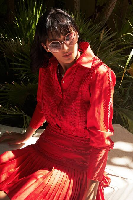 Shop_Vidhi Wadhwani_Red Cotton Collared Neck Applique Shirt _Online_at_Aza_Fashions