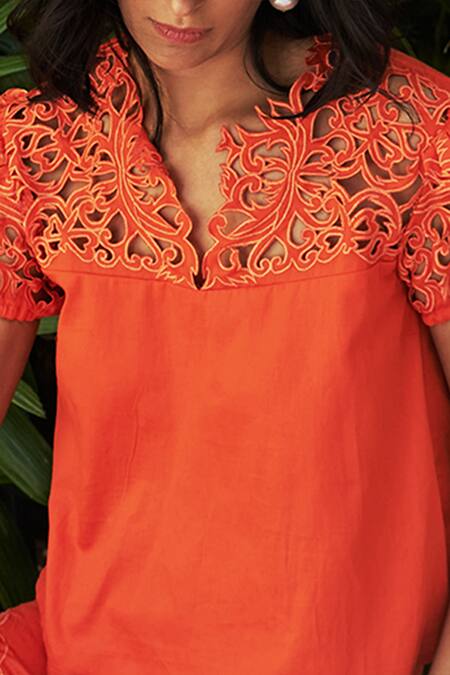 Shop_Vidhi Wadhwani_Orange Cotton V Neck Cutwork Top And Shorts Set_Online_at_Aza_Fashions