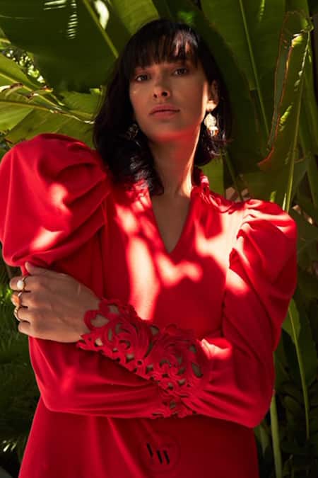 Shop_Vidhi Wadhwani_Red Cotton V Neck Cutwork Dress_Online_at_Aza_Fashions