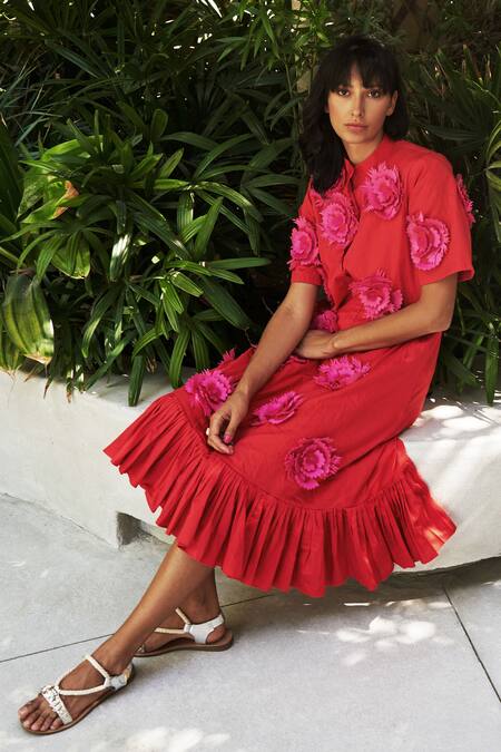 Vidhi Wadhwani_Red Cotton Band Collar Applique Shirt Dress _Online_at_Aza_Fashions