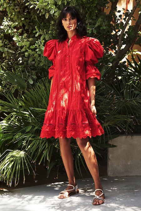 Vidhi Wadhwani_Red Cotton Band Collar Cutwork Dress_Online_at_Aza_Fashions