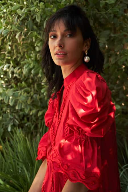 Buy_Vidhi Wadhwani_Red Cotton Band Collar Cutwork Dress_Online_at_Aza_Fashions