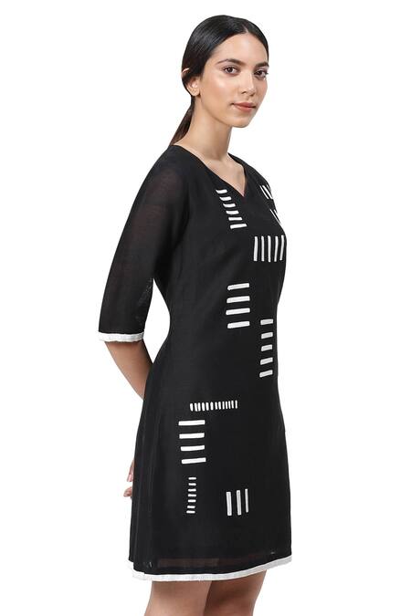 Abraham And Thakore_Black Handwoven Silk Cotton Leaf Neck Embroidered Dress_Online_at_Aza_Fashions