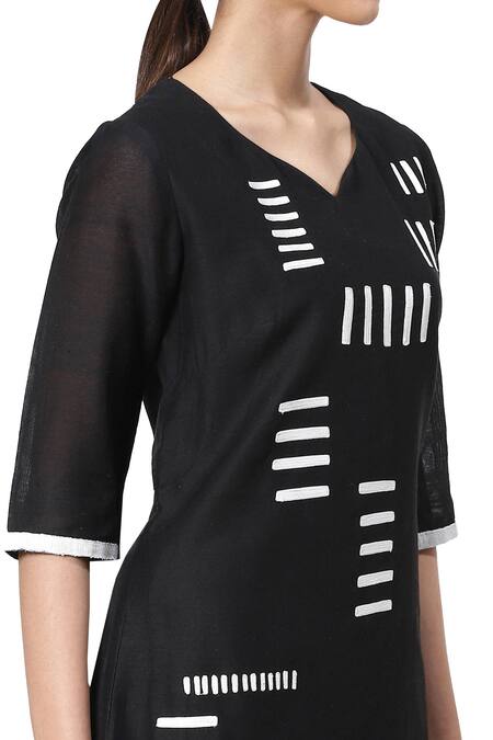 Shop_Abraham And Thakore_Black Handwoven Silk Cotton Leaf Neck Embroidered Dress_Online_at_Aza_Fashions