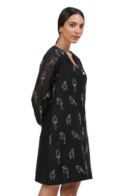 Abraham And Thakore_Black Silk Cotton V Neck Embroidered Dress_Online_at_Aza_Fashions