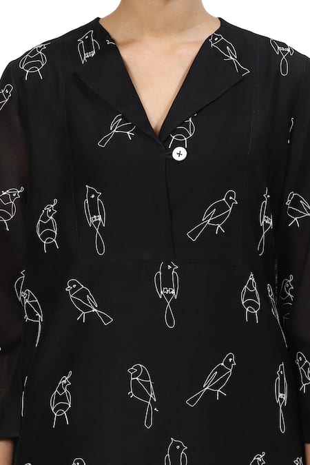 Shop_Abraham And Thakore_Black Silk Cotton V Neck Embroidered Dress_Online_at_Aza_Fashions