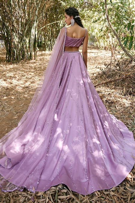 Shop_Pooja Peshoria_Purple Net, Satin Sweetheart Neck Embroidered Lehenga Set _at_Aza_Fashions