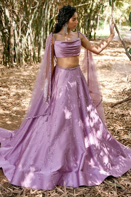 Pooja Peshoria_Purple Net, Satin Sweetheart Neck Embroidered Lehenga Set _Online_at_Aza_Fashions