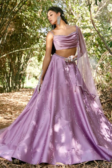 Buy_Pooja Peshoria_Purple Net, Satin Sweetheart Neck Embroidered Lehenga Set _Online_at_Aza_Fashions