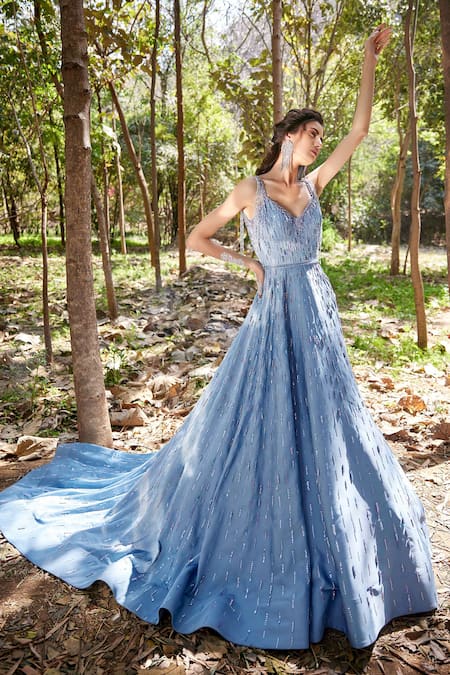 Pooja Peshoria_Blue Satin Sweetheart Neck Embroidered Gown _Online_at_Aza_Fashions