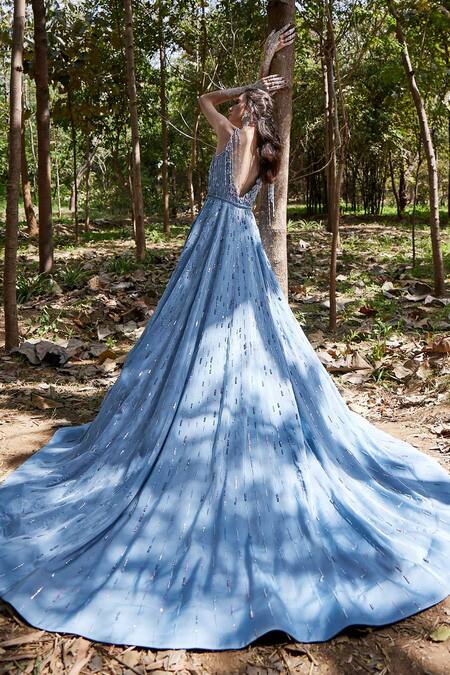 Shop_Pooja Peshoria_Blue Satin Sweetheart Neck Embroidered Gown _at_Aza_Fashions