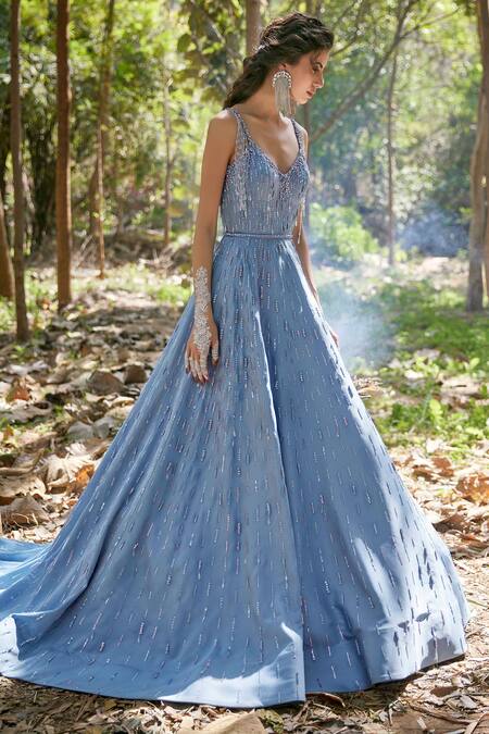 Buy_Pooja Peshoria_Blue Satin Sweetheart Neck Embroidered Gown _Online_at_Aza_Fashions