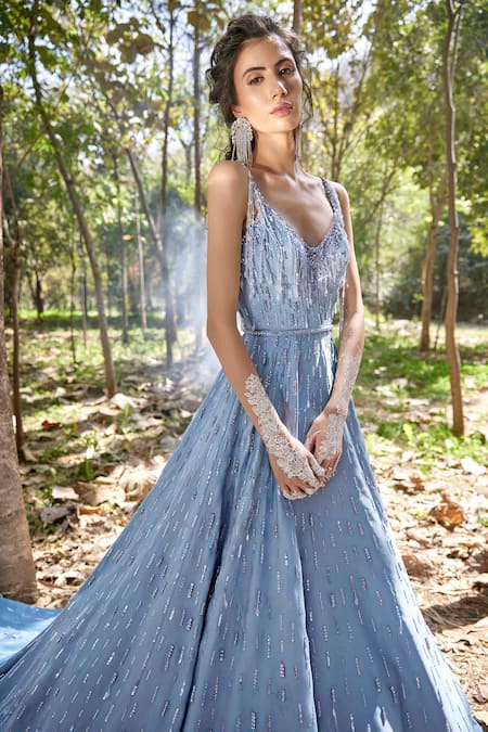 Shop_Pooja Peshoria_Blue Satin Sweetheart Neck Embroidered Gown _Online_at_Aza_Fashions
