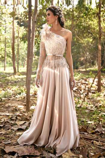 Pooja Peshoria_Peach Net, Satin Asymmetric Embroidered Top And Flared Pant Set _Online_at_Aza_Fashions