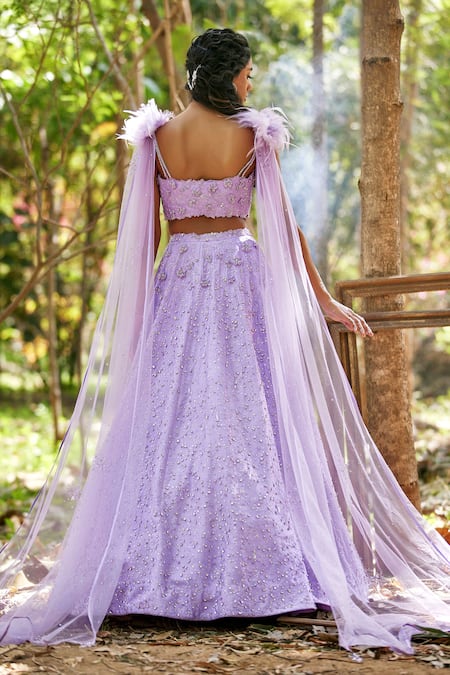 Shop_Pooja Peshoria_Purple Silk Dupion V Neck Embroidered Lehenga Set _at_Aza_Fashions