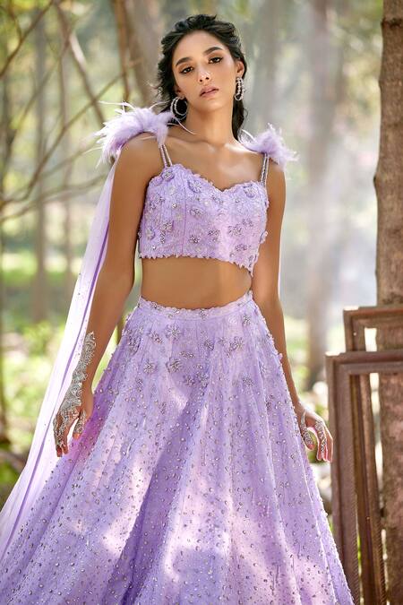 Buy_Pooja Peshoria_Purple Silk Dupion V Neck Embroidered Lehenga Set _Online_at_Aza_Fashions