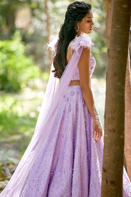 Shop_Pooja Peshoria_Purple Silk Dupion V Neck Embroidered Lehenga Set _Online_at_Aza_Fashions