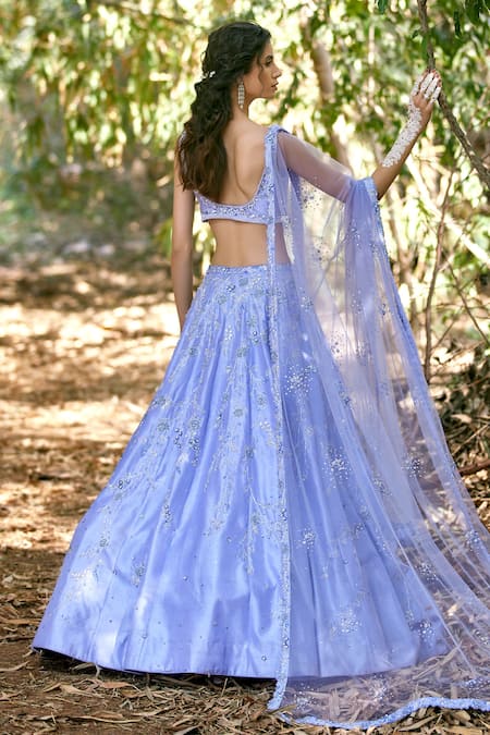 Shop Pooja Peshoria Blue Net, Silk Tafetta Leaf Neck Embroidered Lehenga Set at Aza Fashions Shop_Pooja Peshoria_Blue Net, Silk Tafetta Leaf Neck Embroidered Lehenga Set _at_Aza_Fashions