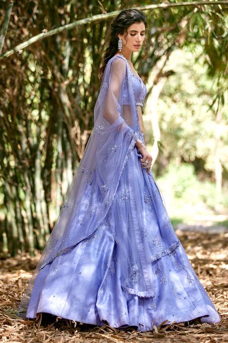 Pooja Peshoria Blue Net, Silk Tafetta Leaf Neck Embroidered Lehenga Set Online at Aza Fashions Pooja Peshoria_Blue Net, Silk Tafetta Leaf Neck Embroidered Lehenga Set _Online_at_Aza_Fashions