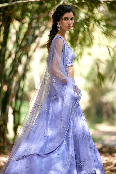 Buy Pooja Peshoria Blue Net, Silk Tafetta Leaf Neck Embroidered Lehenga Set Online at Aza Fashions Buy_Pooja Peshoria_Blue Net, Silk Tafetta Leaf Neck Embroidered Lehenga Set _Online_at_Aza_Fashions