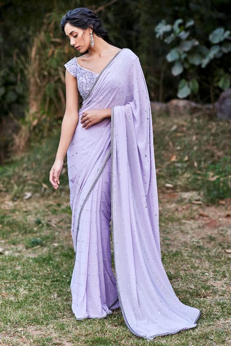Pooja Peshoria Purple Silk, Crepe V Neck Sequin Embroidered Saree Set