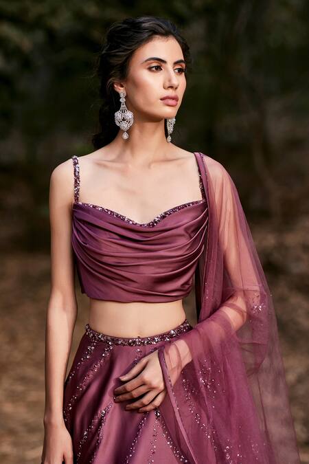 Pooja Peshoria Maroon Net, Satin Sweetheart Neck Embroidered Lehenga Set Online at Aza Fashions Pooja Peshoria_Maroon Net, Satin Sweetheart Neck Embroidered Lehenga Set _Online_at_Aza_Fashions