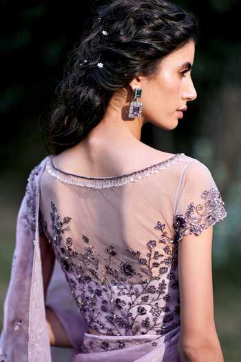 Buy_Pooja Peshoria_Purple Embroidered Saree Set _Online_at_Aza_Fashions