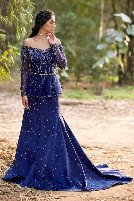 Pooja Peshoria Blue Net, Crepe Satin V Neck Embroidered Off Shoulder Lehenga Set