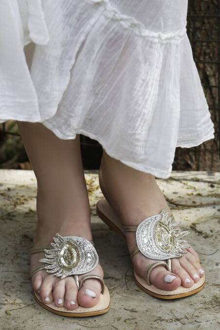 Buy_Sandalwali_Gold Embroidered Alina Sun And Moon Sandals _Online_at_Aza_Fashions