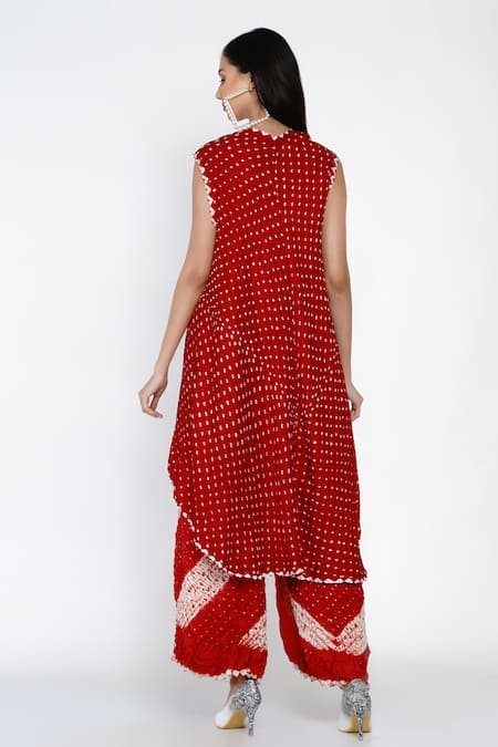 Shop Twenty Nine Red Gajji Silk , Shibori V Neck Kurta And Pant Set at Aza Fashions Shop_Twenty Nine_Red Gajji Silk , Shibori V Neck Kurta And Pant Set _at_Aza_Fashions