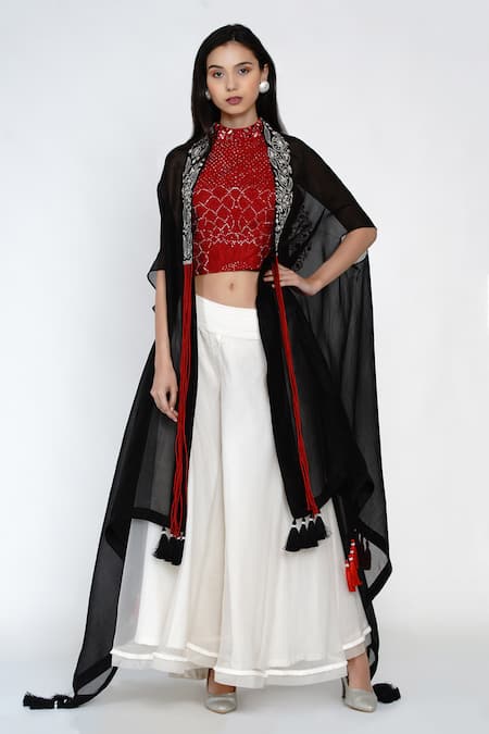Twenty Nine Red Organza, Mirrorwork Georgette Top High Neck Embellished And Flared Pant Set