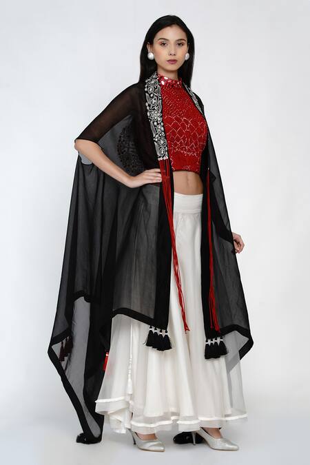 Twenty Nine Red Organza, Mirrorwork Georgette Top High Neck Embellished And Flared Pant Set Online at Aza Fashions Twenty Nine_Red Organza, Mirrorwork Georgette Top High Neck Embellished And Flared Pant Set _Online_at_Aza_Fashions