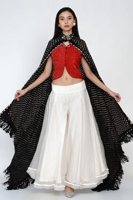 Twenty Nine Red Organza, Gajji Silk Bandhani Top V Cape High And Flared Pant Set