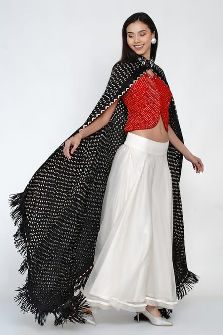 Twenty Nine Red Organza, Gajji Silk Bandhani Top V Cape High And Flared Pant Set Online at Aza Fashions Twenty Nine_Red Organza, Gajji Silk Bandhani Top V Cape High And Flared Pant Set _Online_at_Aza_Fashions