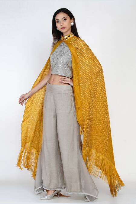 Twenty Nine Grey Crushed Raidaana Bandhani, Mirrorwork Embellished Silk Top And Palazzo Set Online at Aza Fashions Twenty Nine_Grey Crushed Raidaana Bandhani, Mirrorwork Embellished Silk Top And Palazzo Set _Online_at_Aza_Fashions