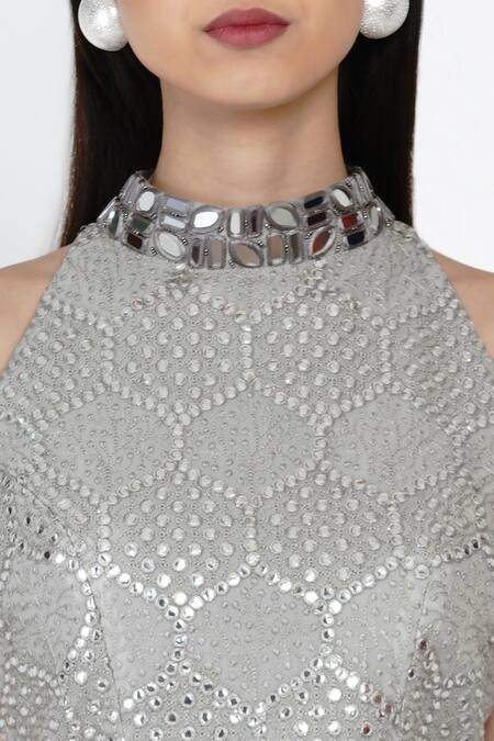 Shop Twenty Nine Grey Crushed Raidaana Bandhani, Mirrorwork Embellished Silk Top And Palazzo Set Online at Aza Fashions Shop_Twenty Nine_Grey Crushed Raidaana Bandhani, Mirrorwork Embellished Silk Top And Palazzo Set _Online_at_Aza_Fashions