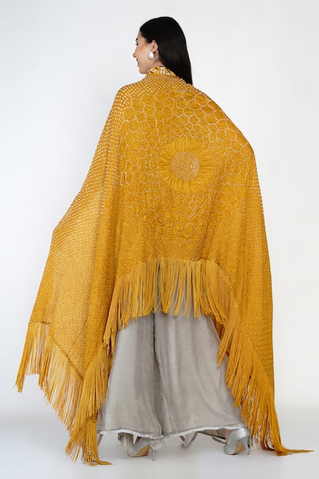 Shop Twenty Nine Yellow Crushed Raidaana Bandhani High Neck Silk Cape at Aza Fashions Shop_Twenty Nine_Yellow Crushed Raidaana Bandhani High Neck Silk Cape _at_Aza_Fashions