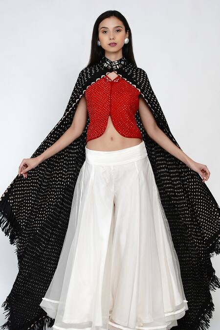 Twenty Nine_Black Gajji Silk Bandhani High Neck Cape _Online_at_Aza_Fashions