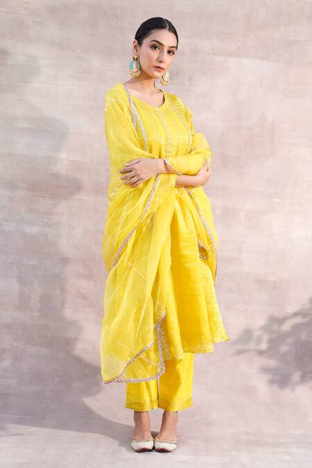 Shop Label Mansi Nagdev Yellow Tissue, Chanderi Beads Round Neck Kiran A-line Kurta Set Online at Aza Fashions Shop_Label Mansi Nagdev_Yellow Tissue, Chanderi Beads Round Neck Kiran A-line Kurta Set _Online_at_Aza_Fashions