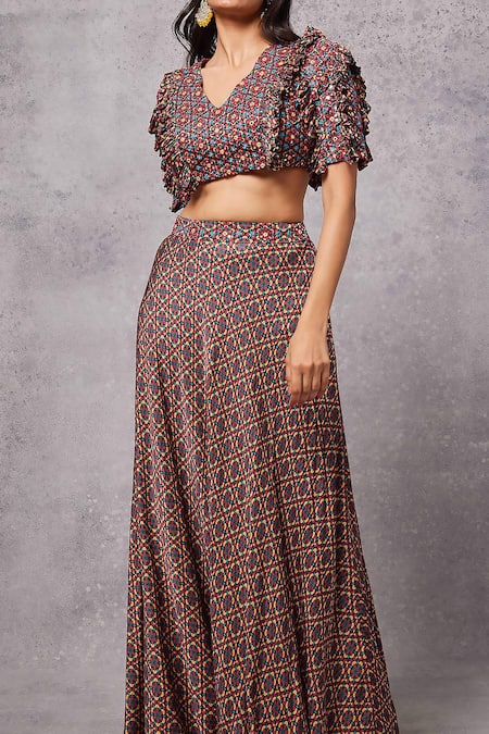 Senren By Eshana Raut Maroon Modal Satin Print Kaleidoscope V Neck Blouse With Lehenga Online at Aza Fashions Senren By Eshana Raut_Maroon Modal Satin Print Kaleidoscope V Neck Blouse With Lehenga _Online_at_Aza_Fashions