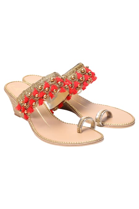 NIDHI BHANDARI Beige Embroidered Kolhapuri Wedges 