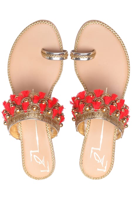 Shop Nidhi Bhandari Beige Embroidery, Tassels Kolhapuri Wedges at Aza Fashions Shop_Nidhi Bhandari_Beige Embroidery, Tassels Kolhapuri Wedges _at_Aza_Fashions