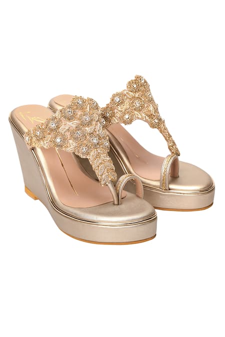 Nidhi Bhandari Beige Embroidery Kolhapuri Wedges 