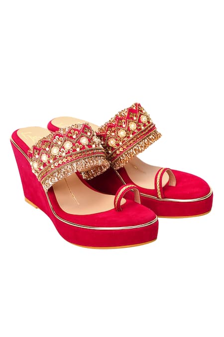 NIDHI BHANDARI Red Embroidered Velvet Fringe Wedges 