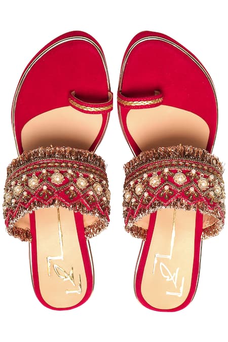 Shop_Nidhi Bhandari_Red Embroidery Velvet Fringe Wedges _at_Aza_Fashions